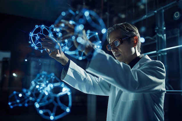 Foto el científico está trabajando en gafas vr que interactúan con el plexo de átomos y moléculas.