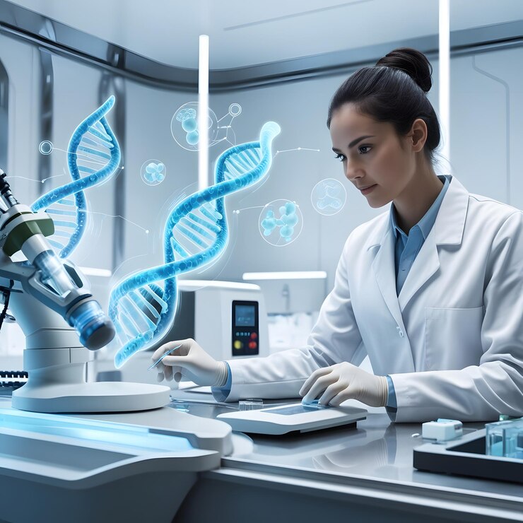 un científico trabajando en un laboratorio con una bata de laboratorio y un microscopio