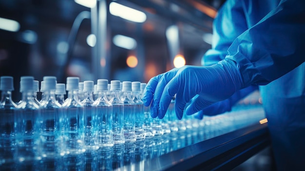 Científico trabajando en un laboratorio con botellas de líquido.