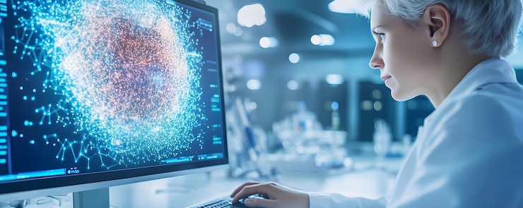 Foto científico trabajando en la visualización de datos en computadora