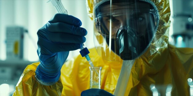 Foto un científico con un traje de peligro biológico inyectando cuidadosamente un nuevo material genético en un tubo de ensayo lleno