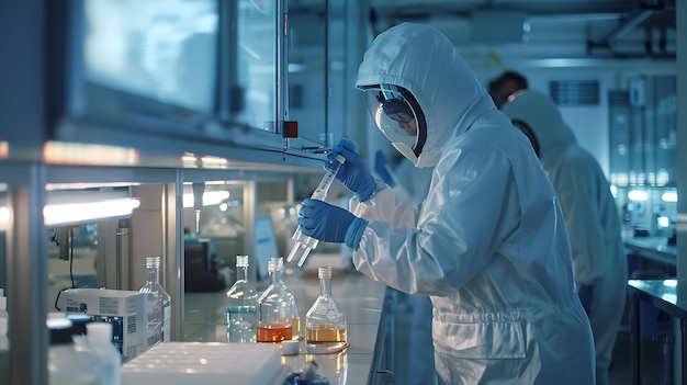 Científico con traje de protección y máscara trabajando en un laboratorio