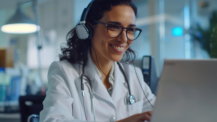 El científico utiliza la computadora portátil en un entorno de laboratorio perfecto para el contexto educativo o médico