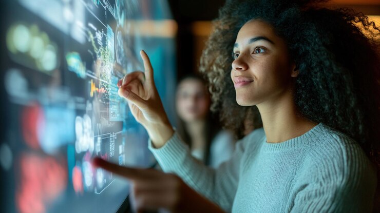 El científico utiliza una pantalla transparente de vanguardia para analizar la visualización de datos científicos