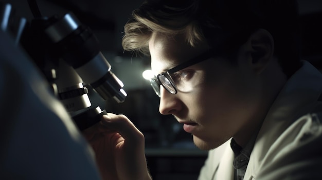 Foto científico varón caucásico adulto joven realizando un experimento en laboratorio ia generativa aig22