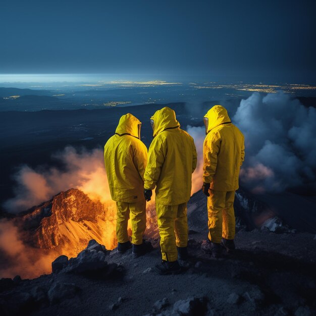 El científico del volcán está observando el volcán durante la erupción.