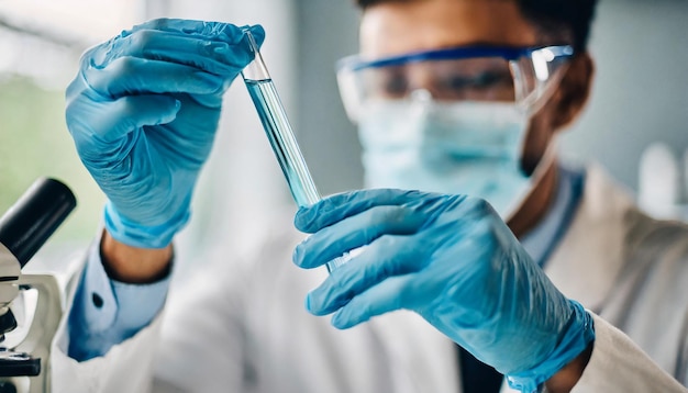 Foto los científicos agarran con la mano un tubo de muestra que simboliza la precisión y el descubrimiento con un laboratorio borroso