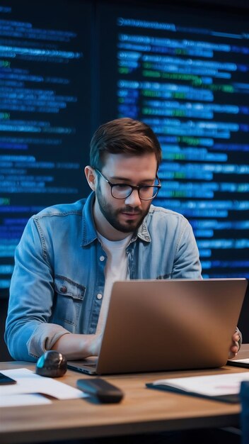 Científicos de datos hombre programador usando ordenador portátil análisis y desarrollo de algoritmos