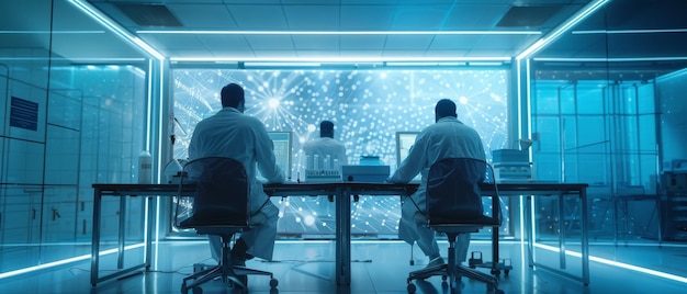 Científicos hombres trabajando en la computadora de pantalla transparente El ADN humano se muestra en la pantalla