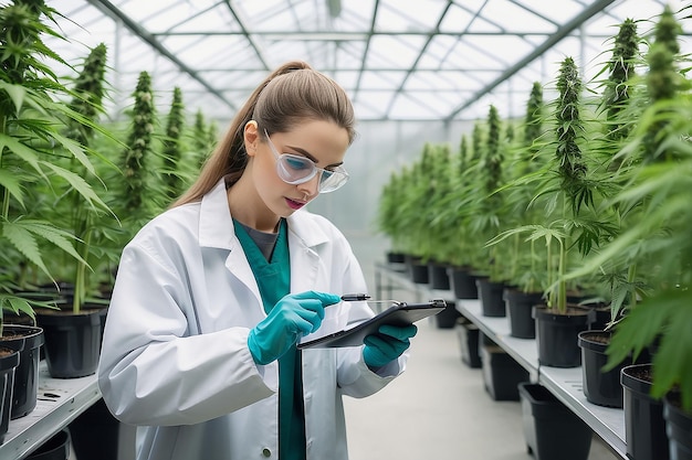 Científicos monitorean los datos de las plantas de cannabis terapéutico en invernaderos