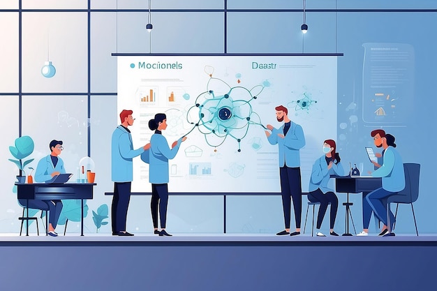 Científicos de monitoreo de experimentos químicos discutiendo los resultados de la investigación Ilustración vectorial