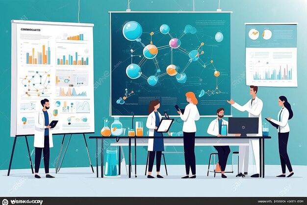 Científicos de monitoreo de experimentos químicos discutiendo los resultados de la investigación Ilustración vectorial