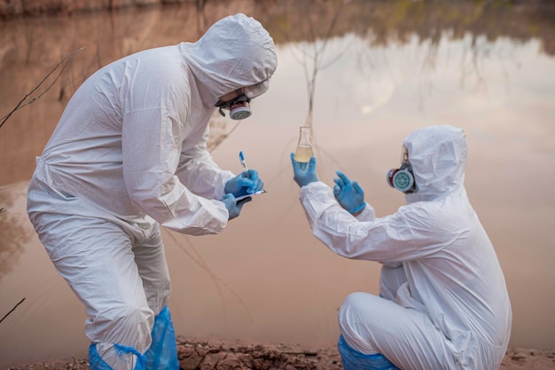 Científicos o biólogos con uniformes de protección que trabajan juntos en el análisis del agua Ingenieros ambientales inspeccionan la calidad del agua en una zona peligrosa