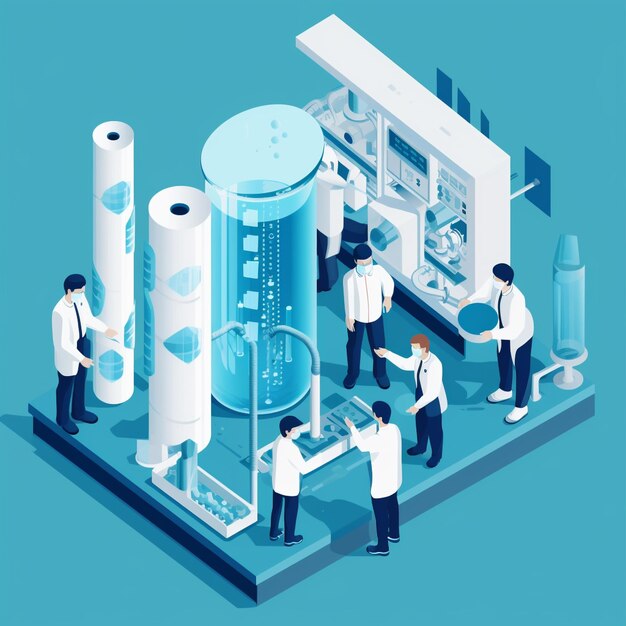 Científicos o ingenieros de tecnologías innovadoras de conservación del agua que trabajan en el sistema de reciclaje de agua