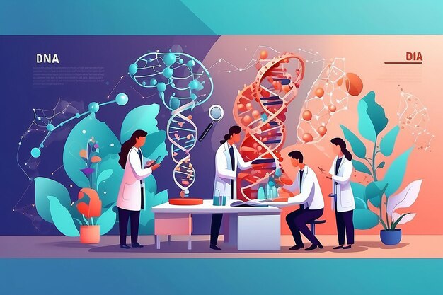 Foto científicos que trabajan con el análisis de adn empleados de ingeniería genética comprobando la estructura de la cadena de adn con lupa