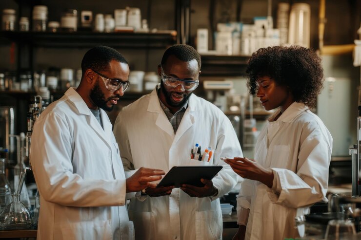 Científicos que utilizan micropipetas y tabletas digitales en laboratorios contemporáneos para la experimentación científica