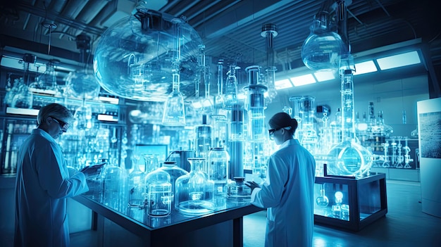 Científicos realizando experimentos en un laboratorio de alta tecnología Cyan y antecedentes tecnológicos