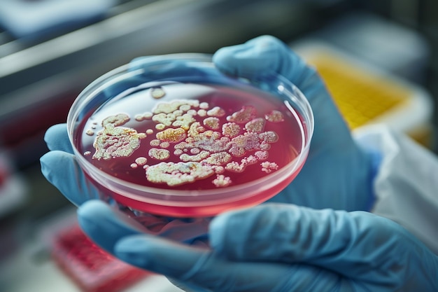 Los científicos tienen en la mano una placa de Petri con cultivo de bacterias para el estudio