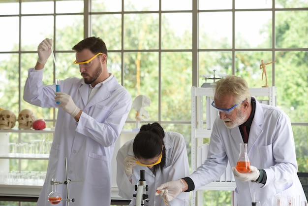 Foto científicos trabajando de pie en el laboratorio