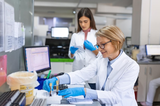 Cientista analisa líquido nos tubos e anota observações em seu computador Ela está trabalhando em um laboratório movimentado cheio de cientistas realizando experimentos