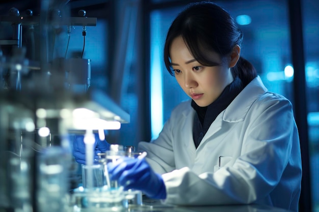 Cientista asiática trabalhando em laboratório