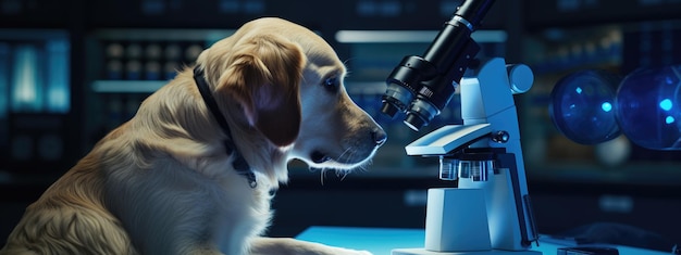 Cientista cão sério num laboratório com um microscópio