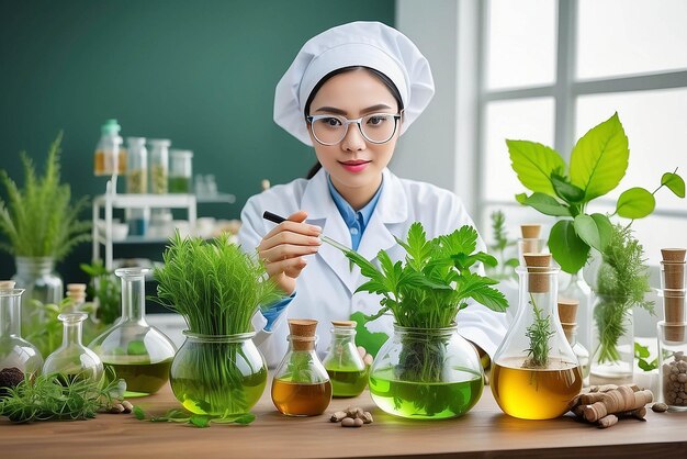 Cientista com pesquisa de drogas naturais Extracção orgânica e científica natural em vidro Medicina alternativa de ervas verdes Produtos de beleza naturais para cuidados com a pele Laboratório e conceito de desenvolvimento