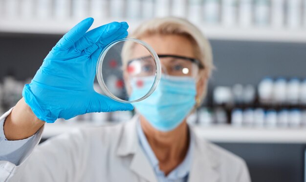 Foto cientista com placa de petri na mão e análise de estudo científico de amostra em pesquisa médica de laboratório e mulher sênior com máscara facial biotecnologia de inovação científica ou farmácia com luva para segurança