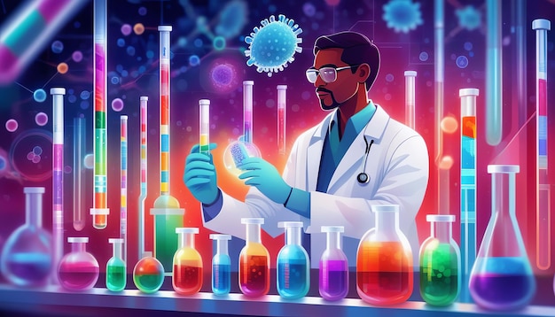 Foto cientista com tubos de ensaio coloridos em laboratório futurista