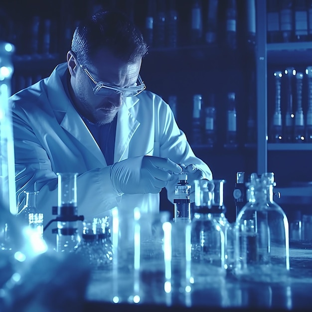 Cientista de ciência e medicina analisando e soltando uma amostra em experimentos de vidro