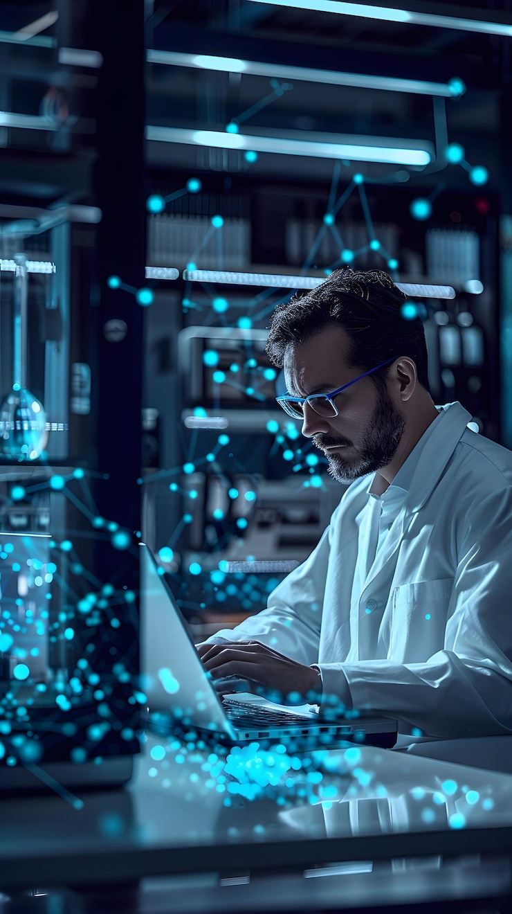 Foto cientista de dados criativo analisando modelos financeiros em laptop em simulações digitais de laboratório de alta tecnologia