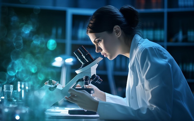 Cientista de laboratório com microscópio