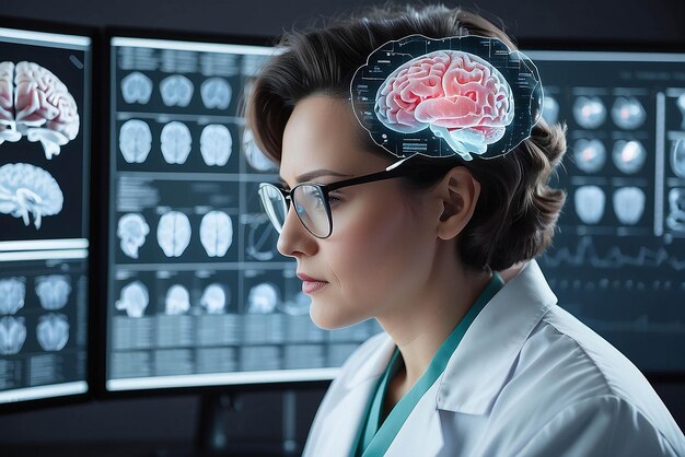 Foto cientista de óculos olhando para um ecrã com dados médicos do cérebro