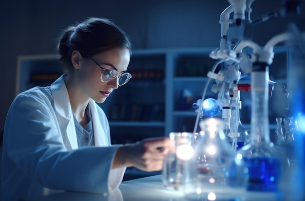 Foto cientista de química feminina a trabalhar no laboratório