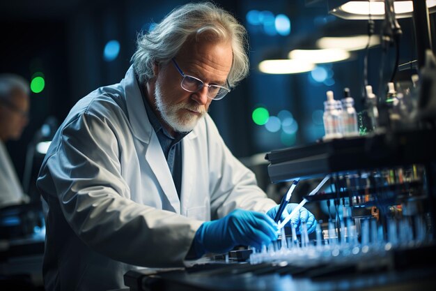 Cientista dedicado em casaco de laboratório a trabalhar cuidadosamente numa pesquisa médica.