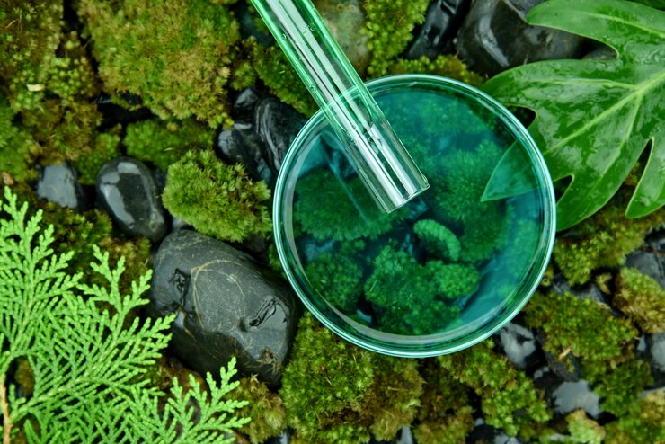 Cientista despejando substâncias orgânicas da essência na placa de Petri