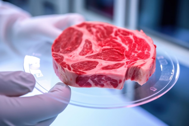 Cientista em luvas estéreis segurando placa transparente com carne vermelha crua