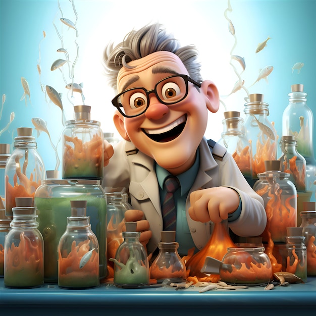 Cientista engraçado em laboratório com elixir mágico renderização 3D