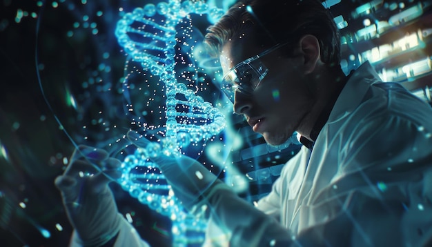 Cientista examina a estrutura do DNA em laboratório futurista