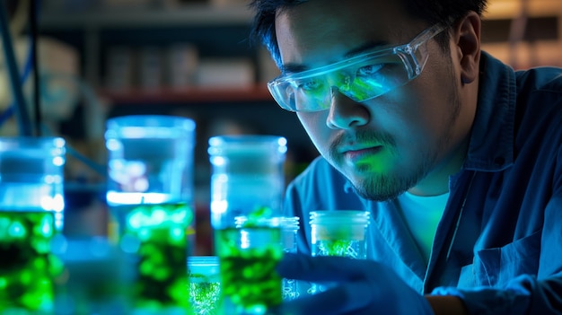 Cientista examina espécimes de plantas em um laboratório de estufa usando ferramentas de precisão sob iluminação artificial