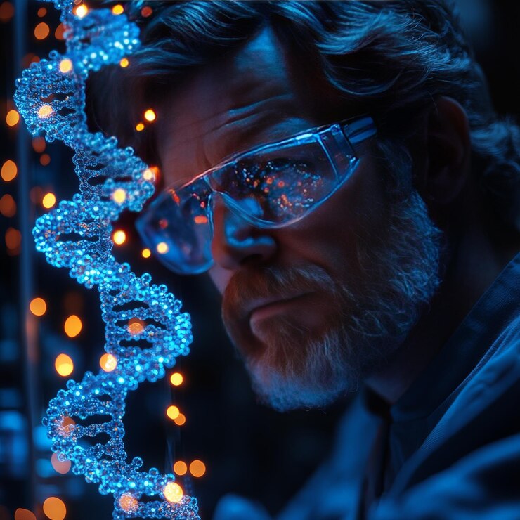 Foto cientista examinando a hélice de dna brilhante em laboratório