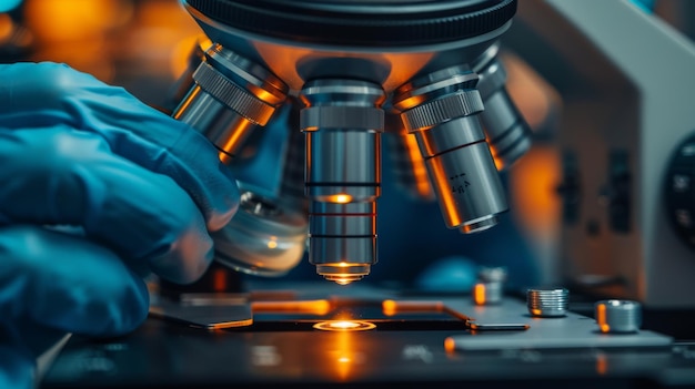 Cientista examinando líquido sob o microscópio