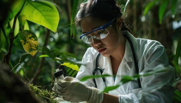 Foto cientista examinando uma amostra de planta em ambiente de laboratório