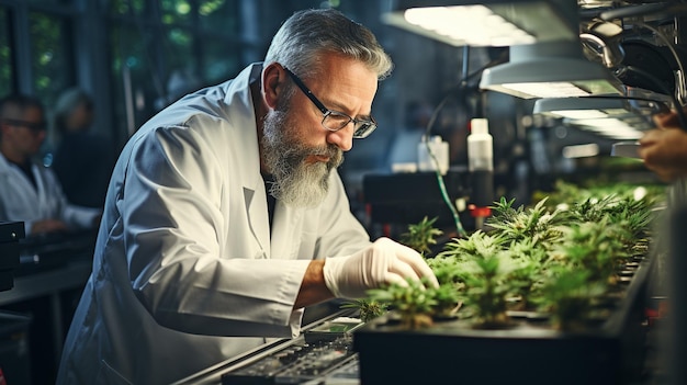 Cientista extraindo óleo de CBD da cannabis para um laboratório de ciências médicas Óleo extraído do cânhamo Laboratório Máquina de destilação de película fina