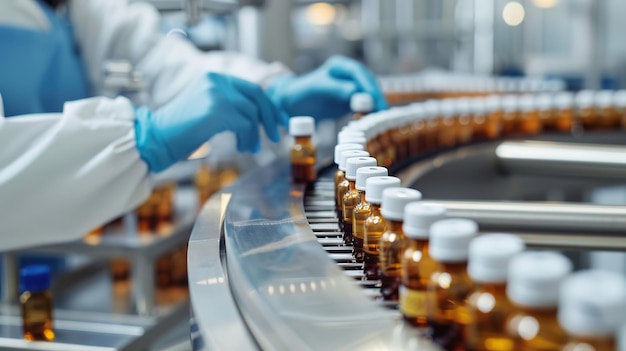 Foto cientista farmacêutico com luvas sanitárias examinando frascos médicos em uma correia transportadora de linha de produção em uma fábrica farmacêutica ar 169 job id 683ddf8c27744e85acbf982868bc7cb2