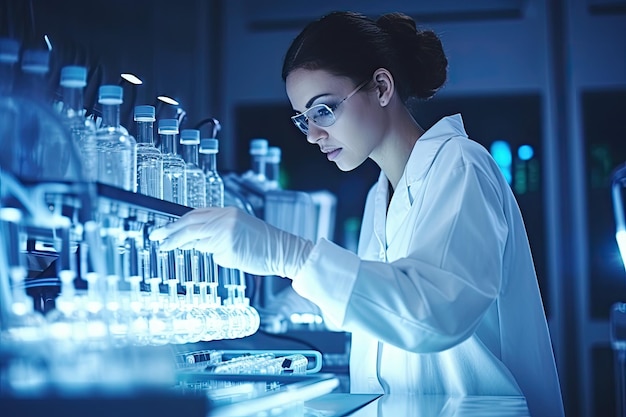 Cientista feminina atraente trabalhando em laboratório Conceito de ciência e tecnologia em laboratório biotecnológico Cientista de pesquisa feminina analisa tubo de ensaio em máquina médica gerada por IA