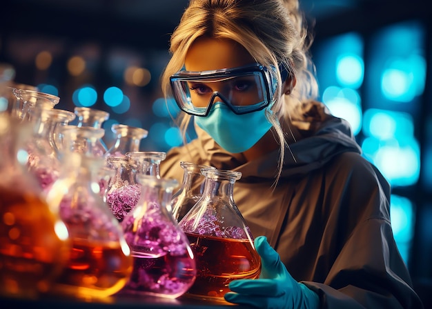 Cientista feminina em um laboratório com uma máscara azul segurando um frasco de líquido.