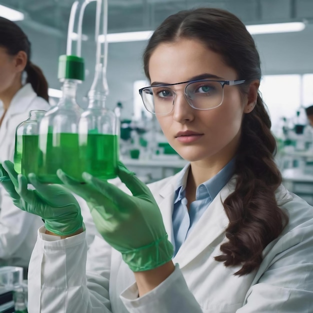 Cientista feminina segurando uma solução verde enquanto ouve a equipe trabalhando no fundo