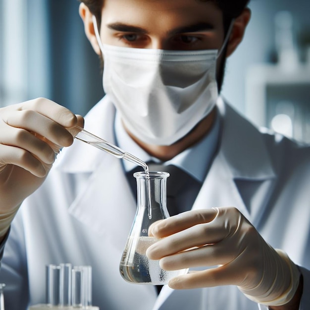 Cientista focado conduzindo uma experiência química em um ambiente de laboratório moderno