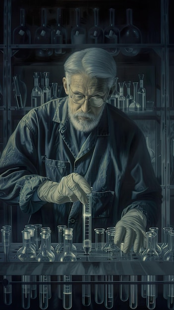 Cientista idoso de cabelos grisalhos trabalhando em um laboratório continuando uma busca de toda a vida por conhecimento e descoberta